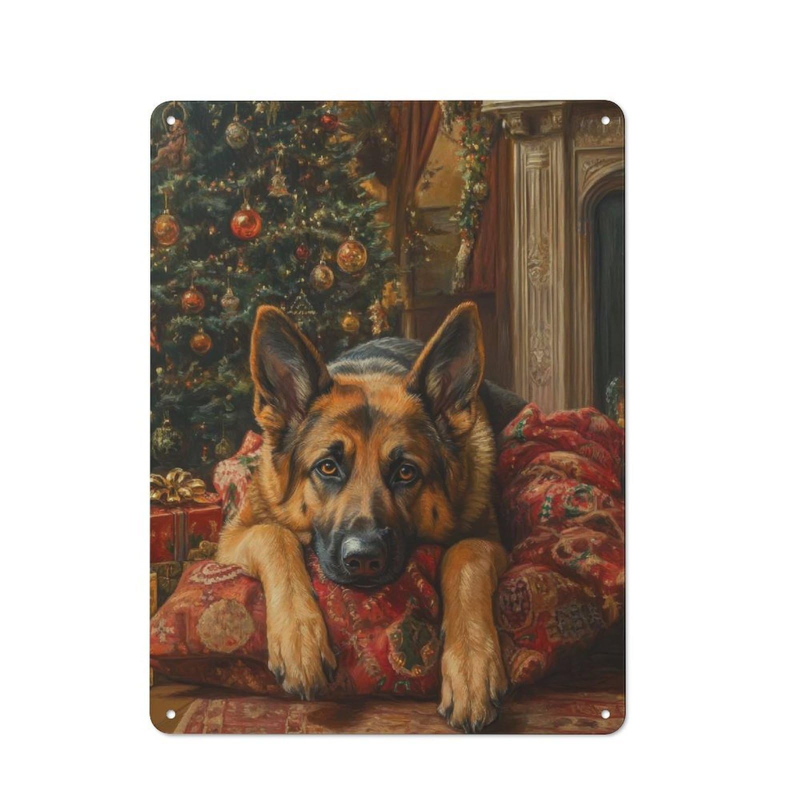 Junmoney German Shepherd Christmas Portrait Holiday D 40X30cm Rustic Metal Sign With Og Wall Art For Hobby Room Or Studio, Metal Sign Decor For Hobby Rooms And Studios