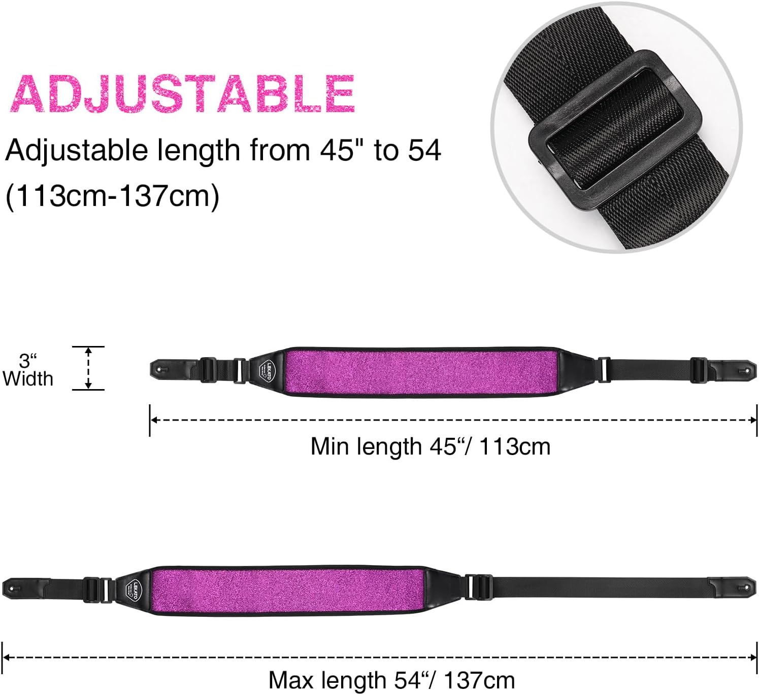 LEKATO Guitar Straps for Electric Guitar Bass, 3.5" Wide Sparkle Glitter Purple Padded with 3D Sponge Filling Bass Guitar Straps Adjustable Length from 45" to 54" with Strap Locks, Picks