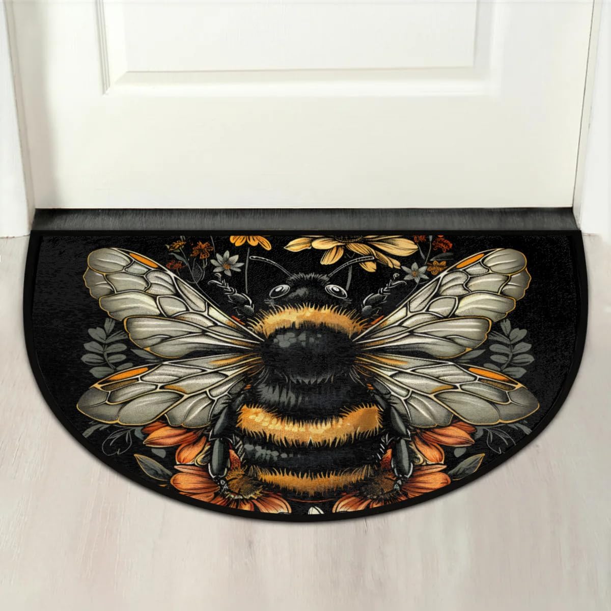 Half Round Door Mat Animal Bee Flower Vintage Black Non-Slip Semi Circle Area Rug Washable Half Moon Hearth Rugs for Indoor Outdoor Bathroom Kitchen Patio Runner Mat Laundry Room Home Decoration