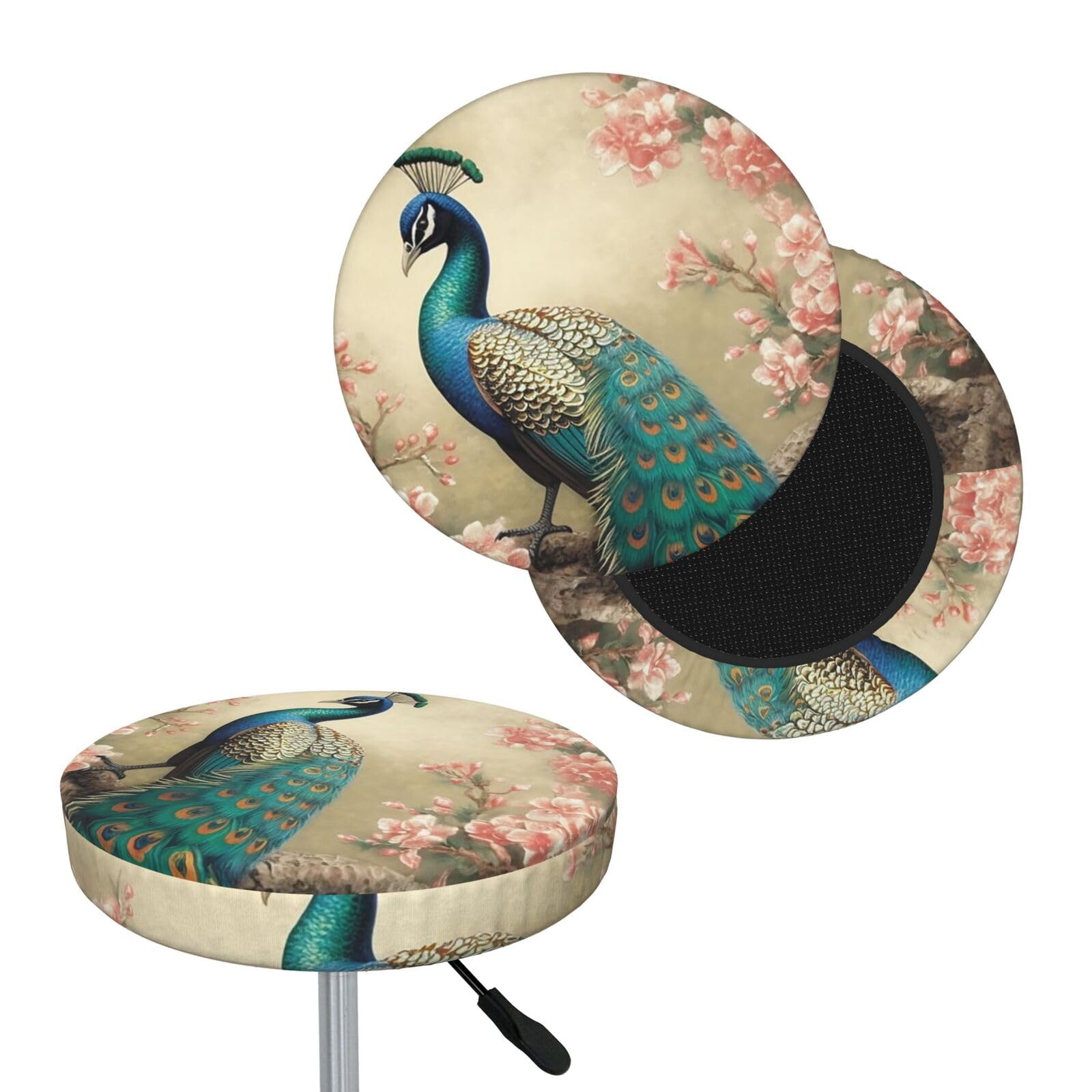 NONHAI Oriental Peacock Bar Stool Cover Round Elastic Stool Cushion Covers Dustproof Bar Chair Cover Washable Stool Cushion Slipcover Stretch Stool Seat Covers for 12-14 Inch Chair