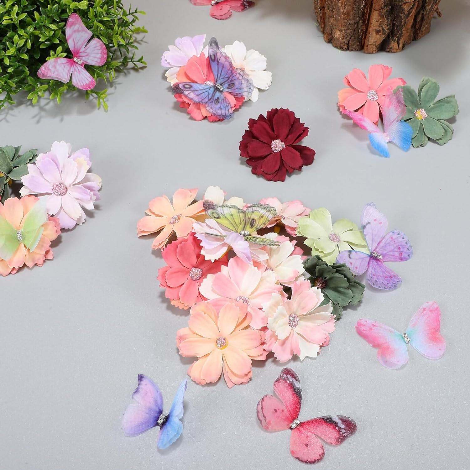 HOMSFOU Butterfly Flowers 100Pcs Set - 50 Mixed Color Double Layer Silk Flower Appliques and 50 Mixed Color Silk Butterflies for Crafts Home Decor Party Decorations