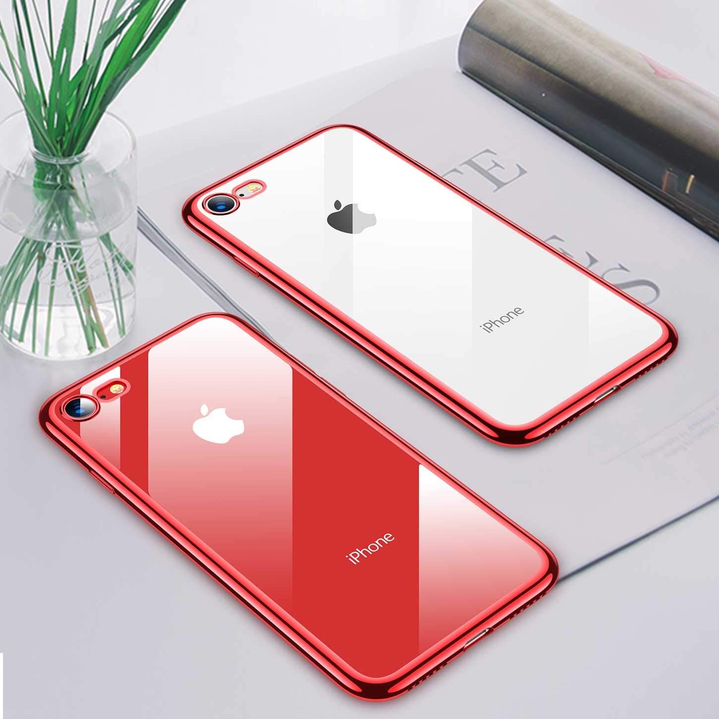 RANVOO iPhone SE Case 2020, iPhone 8/7 Case, Clear Soft Slim Fit Thin Case with Premium Flexible Chrome Bumper and Transparent TPU Back Plate Gel Cover for Apple iPhone SE(New)/8/7, Crystal Red