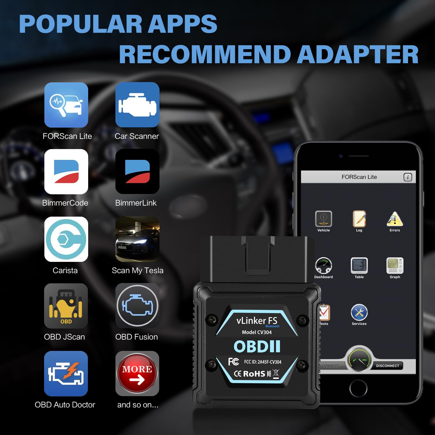 A smartphone displaying various popular OBD apps like FORScan Lite, Car Scanner, BimmerCode, BimmerLink, Carista, Scan My Tesla, OBD JScan, OBD Fusion, and OBD Auto Doctor, with a vLinker FS device shown next to it.
