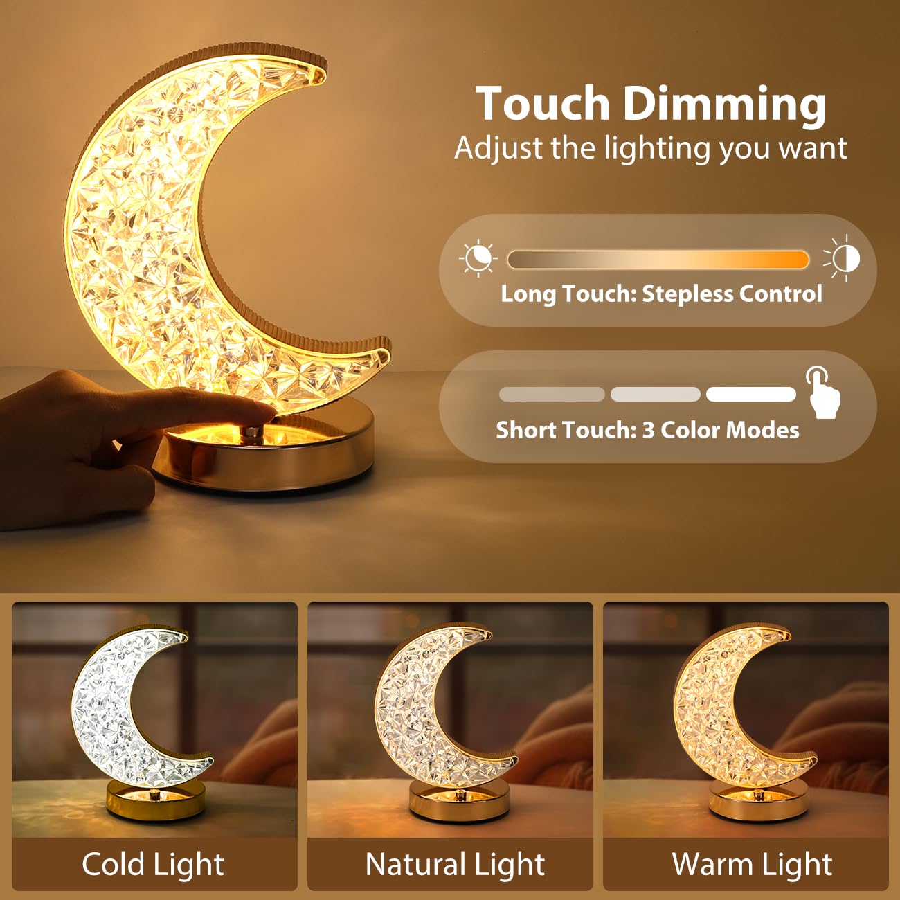 Lámpara de mesa de luna creciente, lámpara táctil regulable sin escalones con 3 colores, luz nocturna recargable con puerto USB, lámpara de noche de luna de Ramadán para mesita de noche, 3