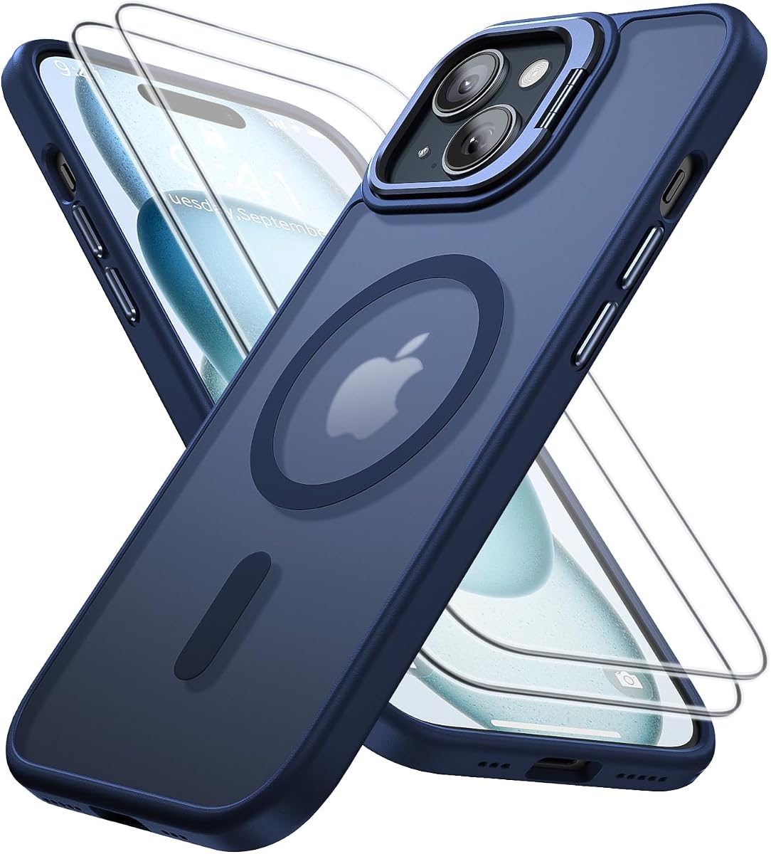 Funda a prueba de golpes para iPhone 15, con soporte y 2 protectores de pantalla [probado contra caídas de grado militar] [Compatible con MagSafe] Translúcido Delgado Antiarañazos Antihuellas, azul mate