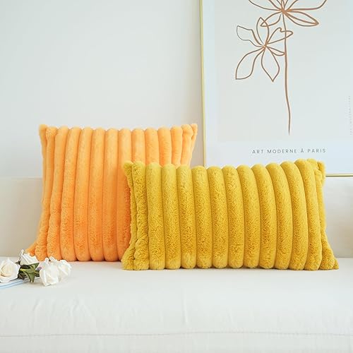 Miniatura 3 de JOJUSIS Paquete de 2 fundas de almohada decorativas de felpa de pelo sintético para sofá, fundas de almohada suaves (amarillo mostaza, 12 x 20
