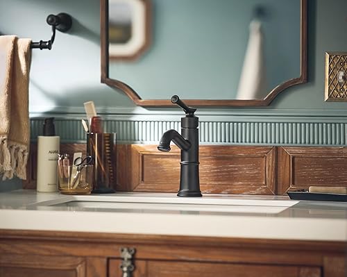 Miniatura 7 de Moen Belfield 6402BL - Grifo de lavabo de baño con una manija color negro mate con montaje de drenaje y placa opcional, 6402BL