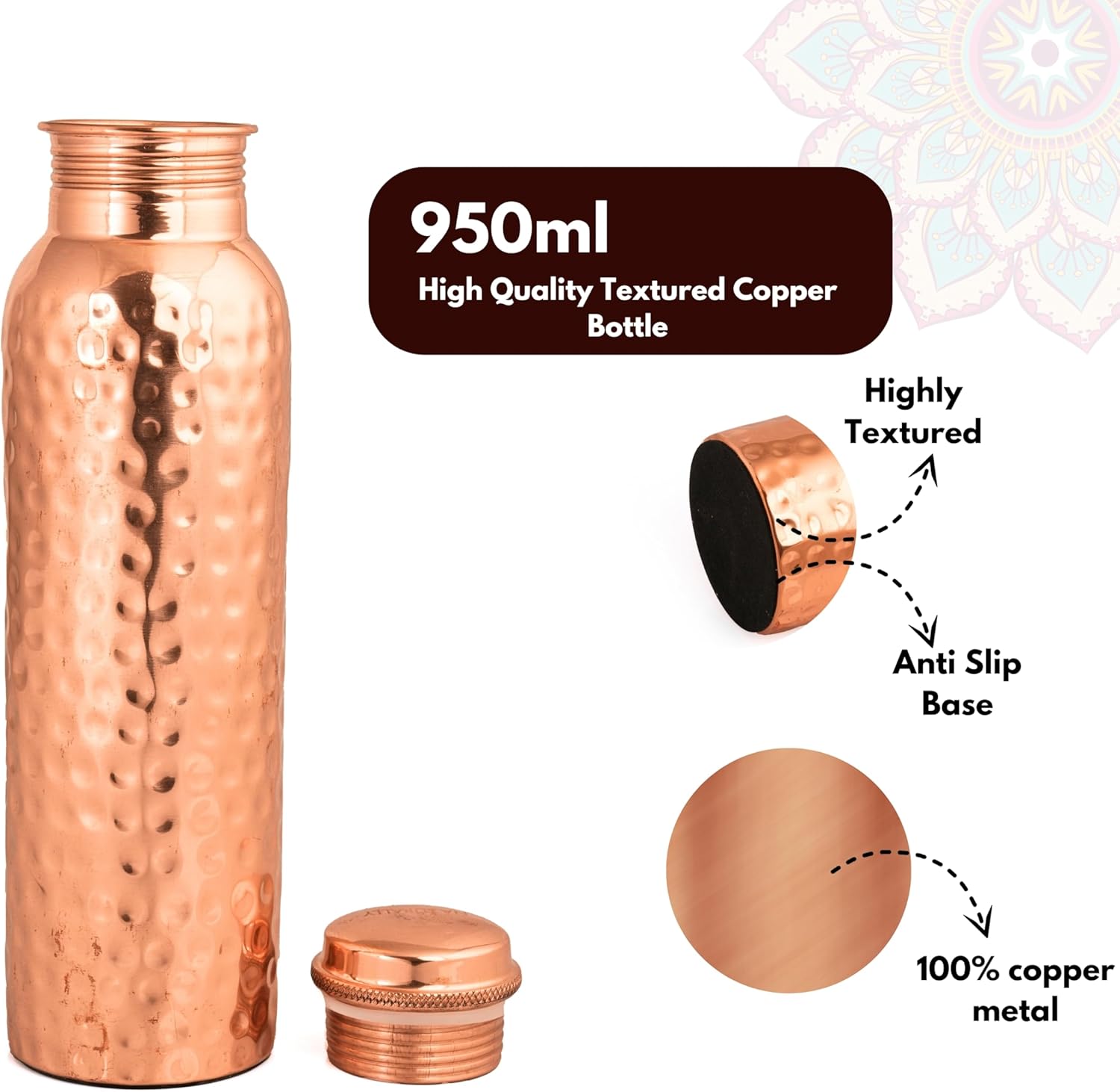 Pure Copper Water Bottle 34oz – Ayurvedic Leak-Proof Handmade Copper Vessel for Drinking Water – BPA-Free, Joint Health & Wellness – for Office, Gym, Yoga, Travel – Eco-Friendly Gift