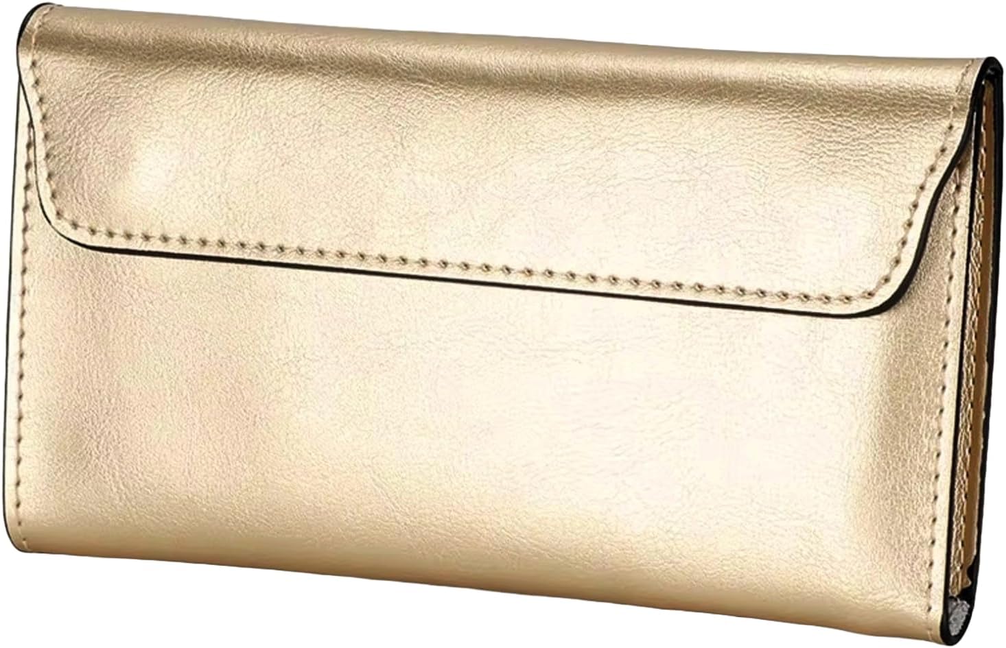AurexaFashion Women's Genuine Real Leather Slim Envelope Wallet with Detached Card Holder, Magnetic Closure, Phone Holder Clutch (Gold)