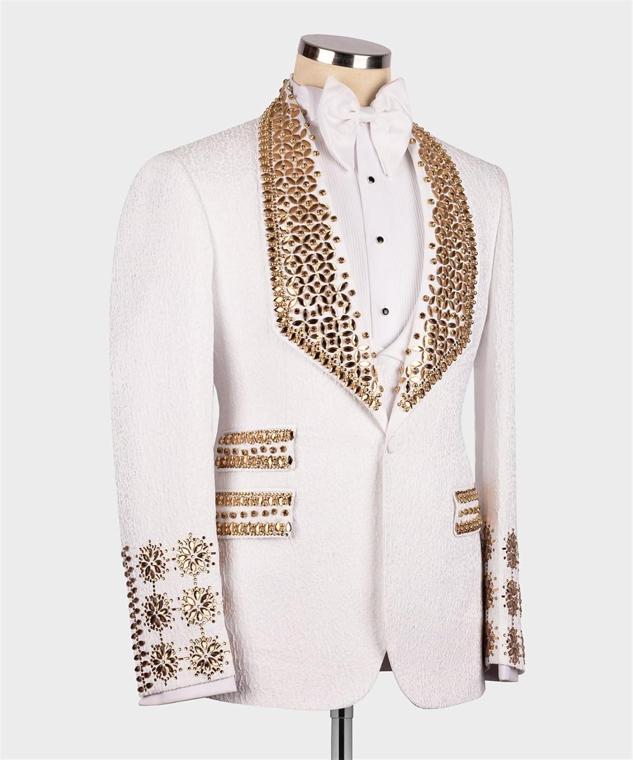 Men's Formal Jacquard Tuxedo with Luxury Handmade Rhinestone Slim Fit Dinner Blazer for Prom Party Wedding