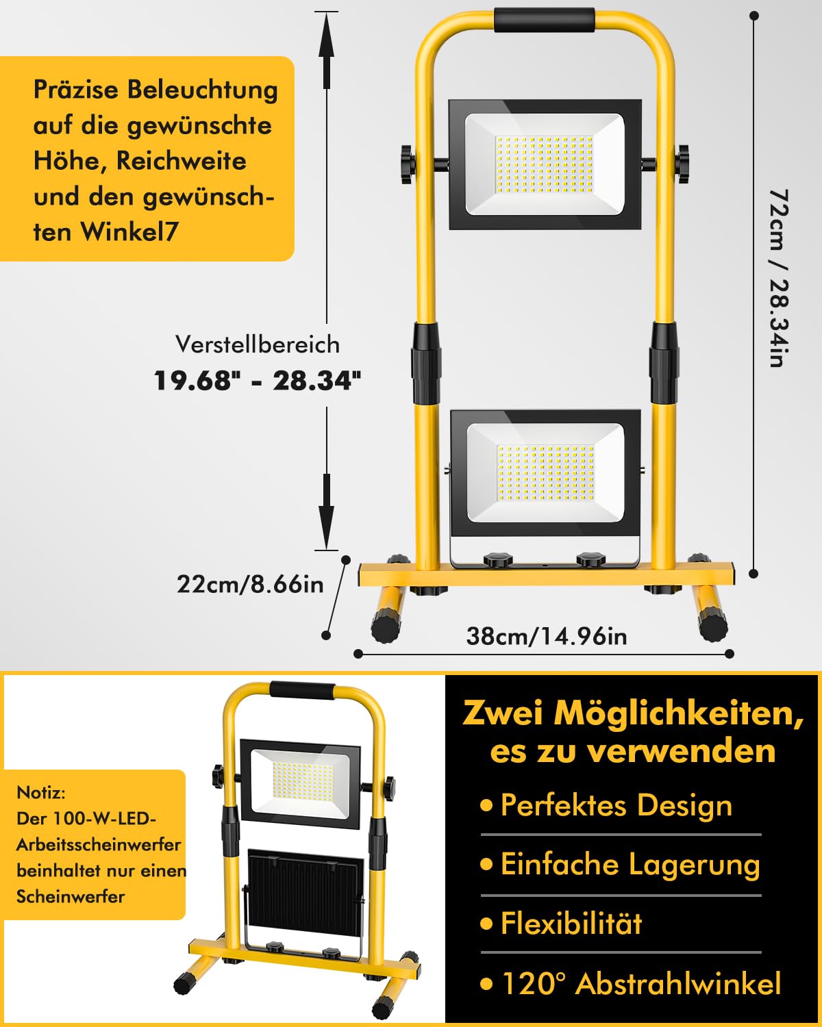 Baustrahler LED mit Einstellbar Stativ 200W,20000LM Baustellenlampe mit 3M Kabel Stecker und Schalter,6500K Kaltweiß LED Arbeitsleuchte,IP66 Wasserdicht Tragbar Baulampe für Werkstatt Baustelle