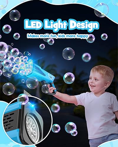Miniatura 4 de Boerfmo Pistola de burbujas  Máquina de burbujas para niños  Pistola de burbujas con varitas de 8 agujeros y luz LED, incluye solución de burbujas y