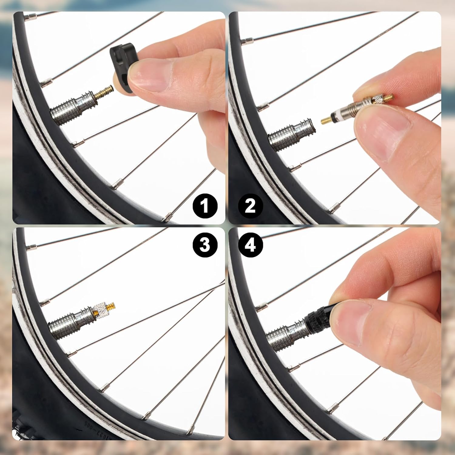Valve Core Repair Kit for Presta, 4 Valve Cores 4 Valve Core Caps 4 Nuts 2 Plastic Caps 2 Converters and 2 Plastic & Alloy Valve Stem Dismantle Removal Tool for Bike Tire Application