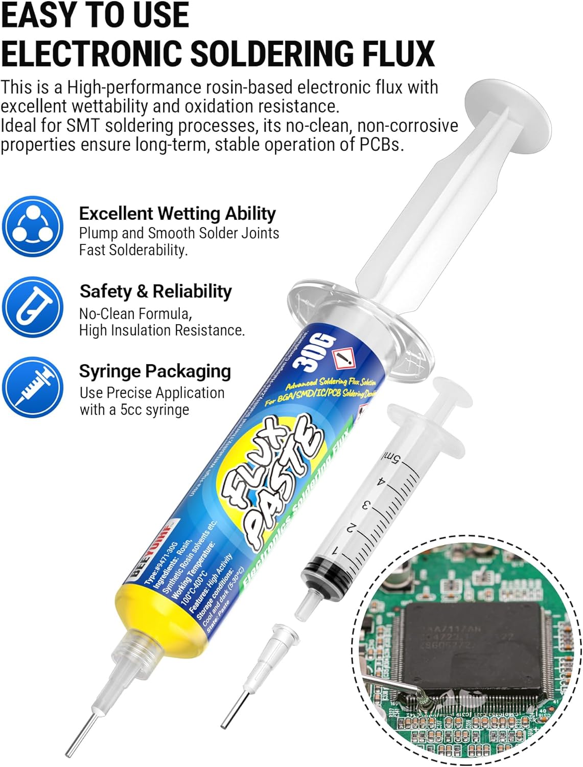 Rosin Paste Soldering Flux, Rosin Based Solder Flux, No Clean Rosin Solder Flux Paste, Good Adhesion for IC SMD Electrical Rework/Repair (30mL Syringe) #9471 by BEEYUIHF
