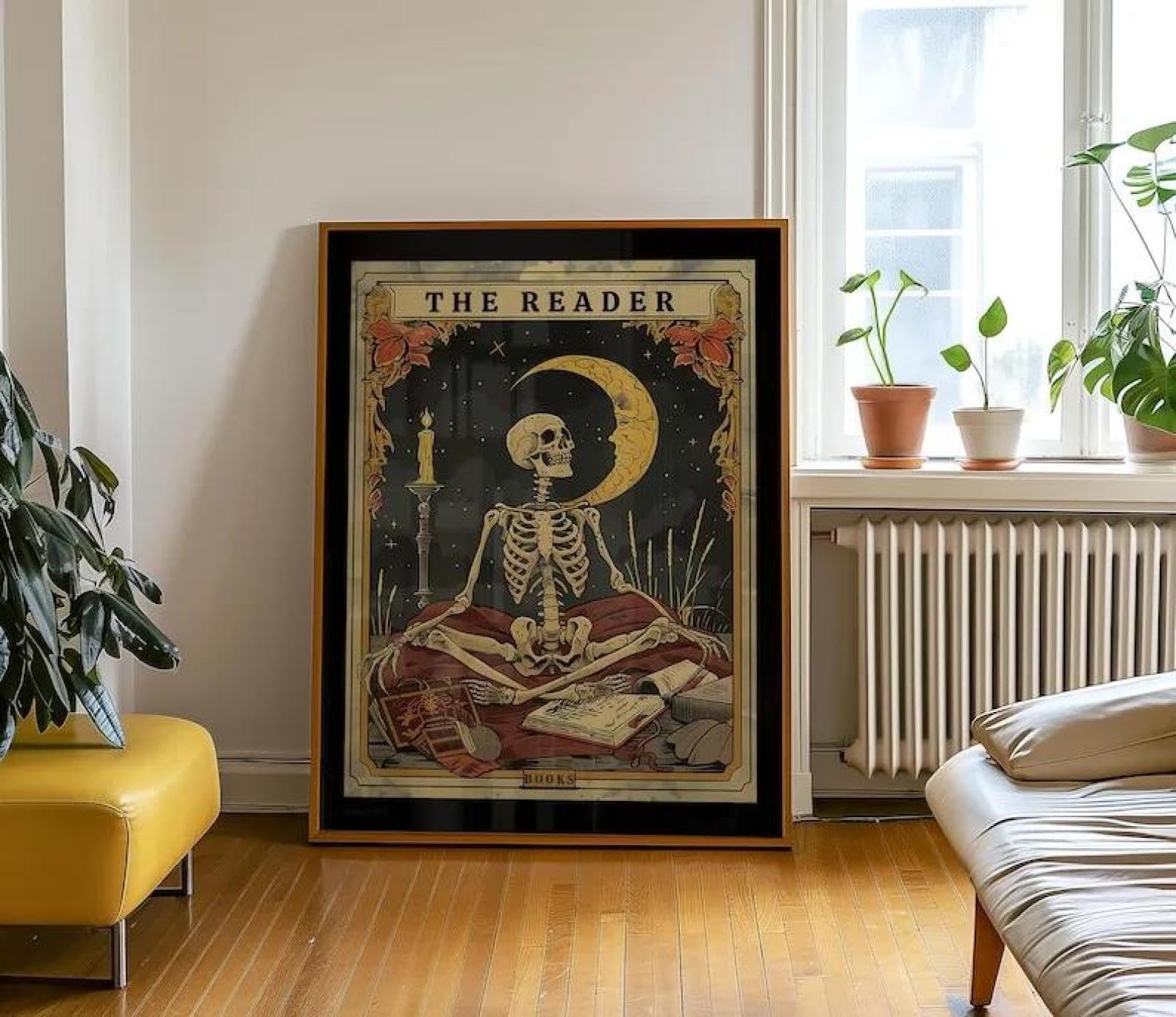 SHINERING Abstract The Reader Tarot Canvas Painting Poster Print Skeleton Reader Tarot Card Wall Art For Reading Nook Decor 40X50Cm Unframed