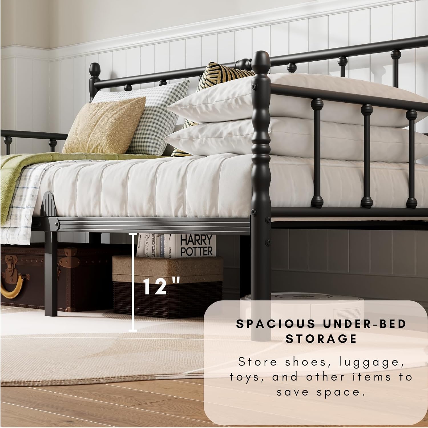 COMASACH 14 Inch Twin Vintage Daybed - Heavy Duty Metal Platform Sofa Bed Frame with Headboard, No Box Spring Needed, Multi-Functional Day Bed Couch for Living Room, Guest Room, Small Space