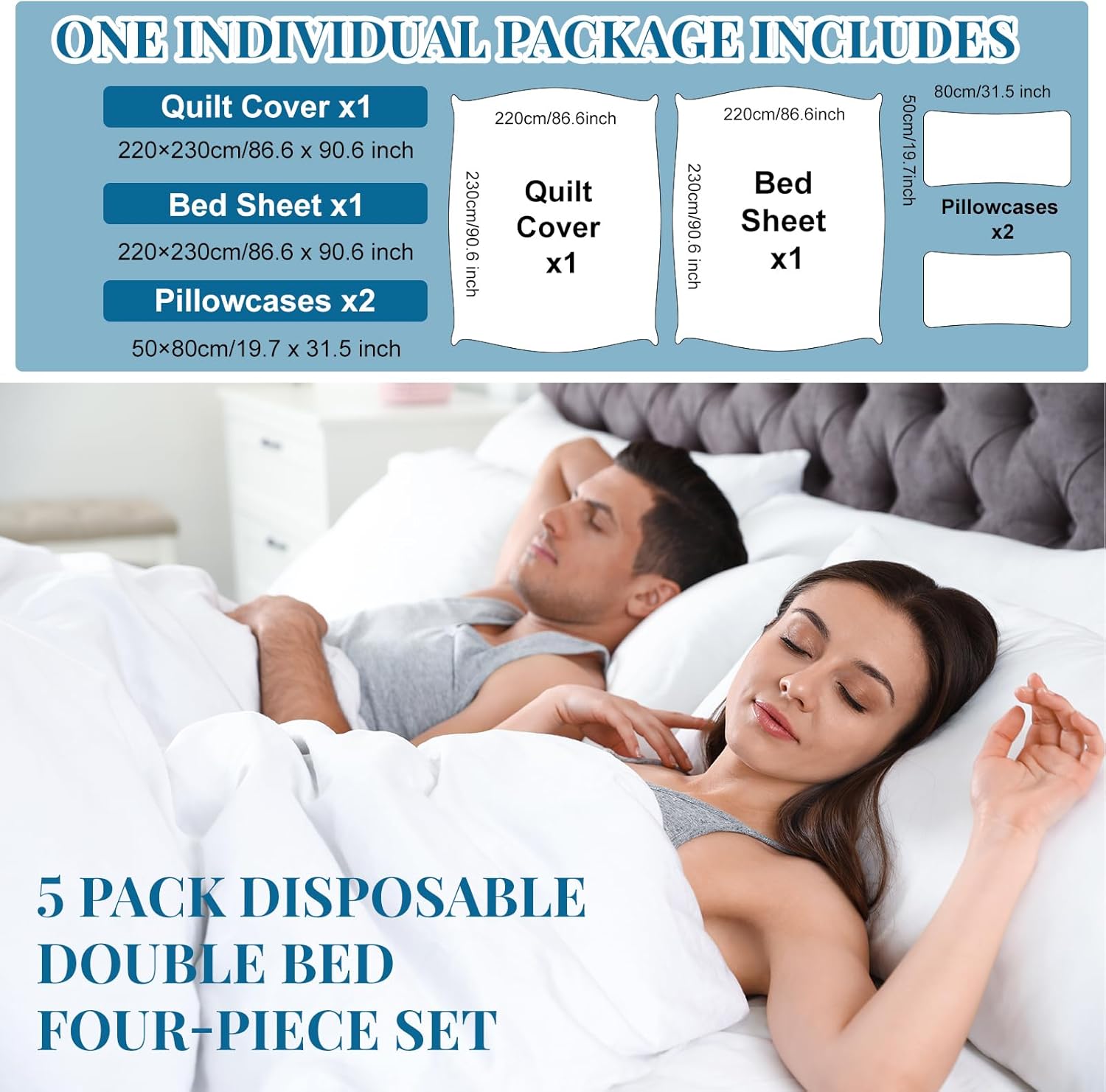 Preboun 5 Sets Disposable Bed Sheets Disposable Sheets Travel Sheets for Hotel Include Bed Sheets Quilt Cover Pillowcases Portable Soft White Cover for Travel Business Trip Spa Hospital