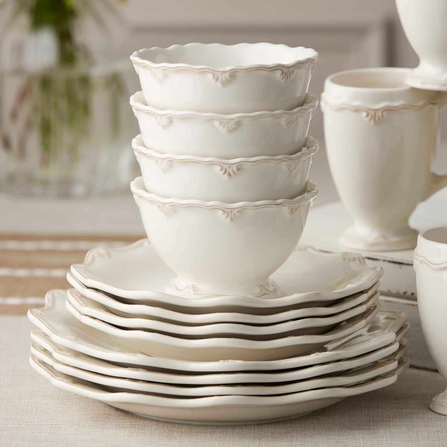 Heritage Scroll Set of 4 Cereal Bowls – 16 oz Stoneware Bowls with Sculpted Pedestal Base & Embossed Scroll Rim – Elegant Ivory Glaze – Classic Style for Breakfast, Soup & More
