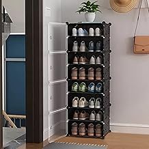 Zemic   Shoe Rack Plastic &      Storage Plastic Organizer with Door for Entryway, Chappal Slipper Sandals Stand【Black, 8-Shelf-4-Door】