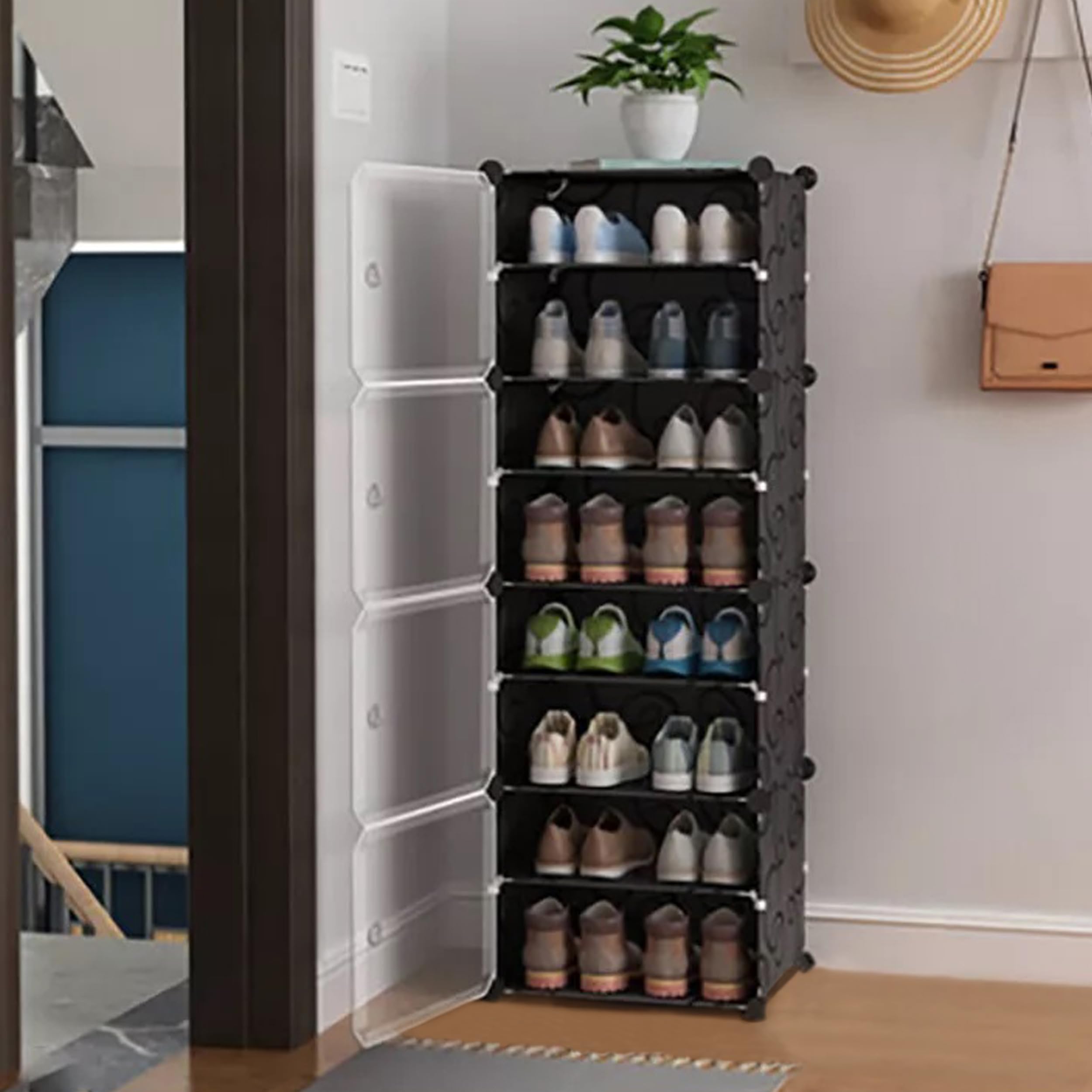 AYSIS 𝟖 𝐓𝐢𝐞𝐫 Shoe Rack for Home with Transparent Doors, Modular Dustproof Shoe Storage Cabinet, Foldable Plastic Space Saving Shoe Stand Organizer for Entryway, Bedroom & Living Room - Black