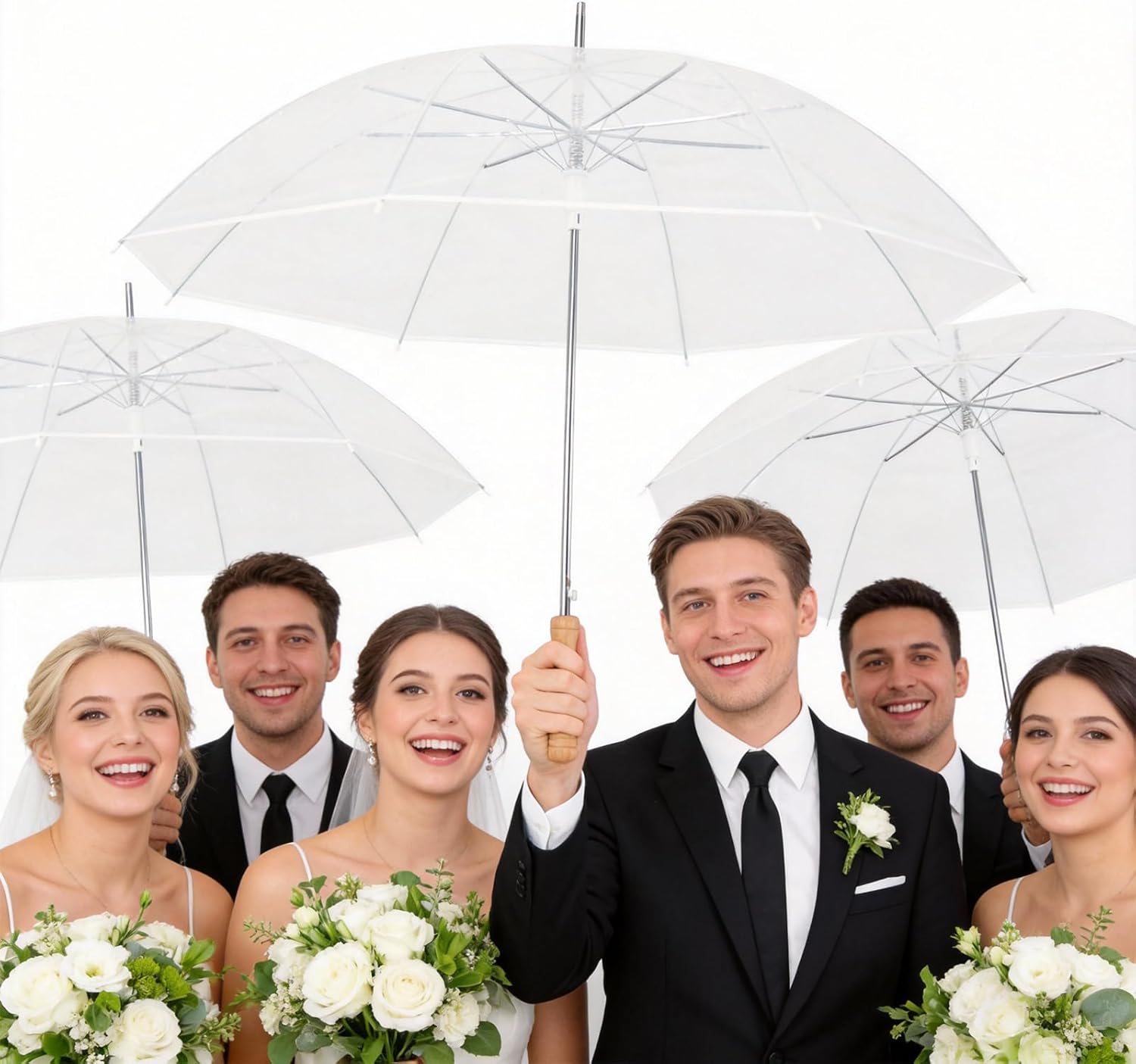 50Pcs Bulk Clear Wedding Umbrellas with Wooden Handle, Large Canopy Stick Umbrellas with Thank You Tags & Rope for Bride Groom Bridal Shower Party Favors