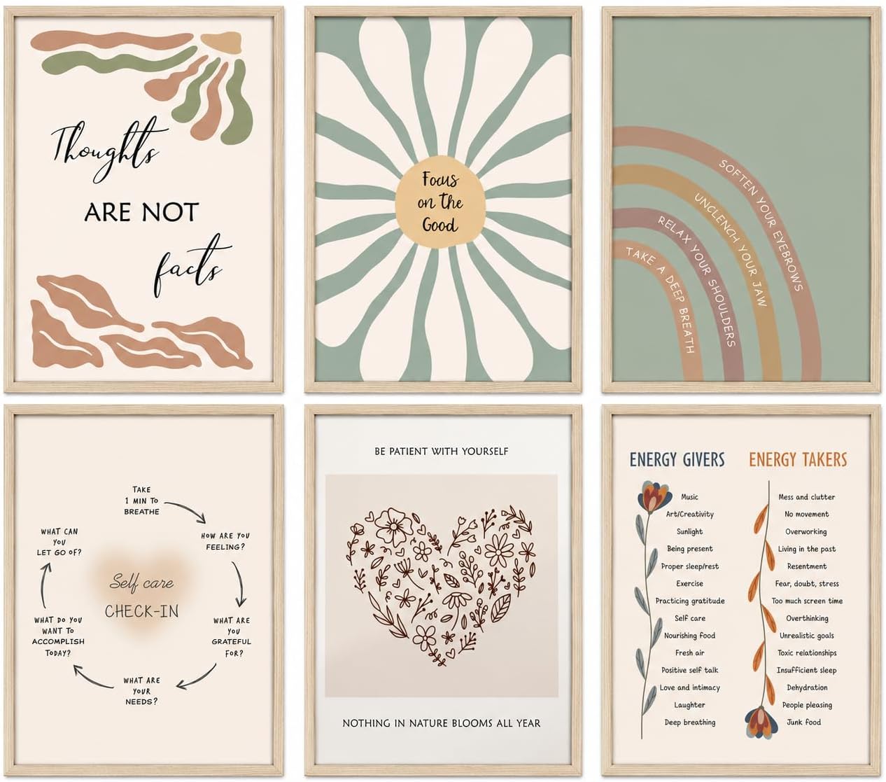 6pcs Mental Health Posters Wall Art Boho Motivational Psychology Wall Decor Pictures Inspirational Positive Quotes Canvas Poster Prints for Classroom School Office Home Decoration 8x10in Unframed