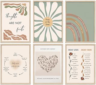 6pcs Mental Health Posters Wall Art Boho Motivational Psychology Wall Decor Pictures Inspirational Positive Quotes Canvas Poster Prints for Classroom School Office Home Decoration 8x10in Unframed