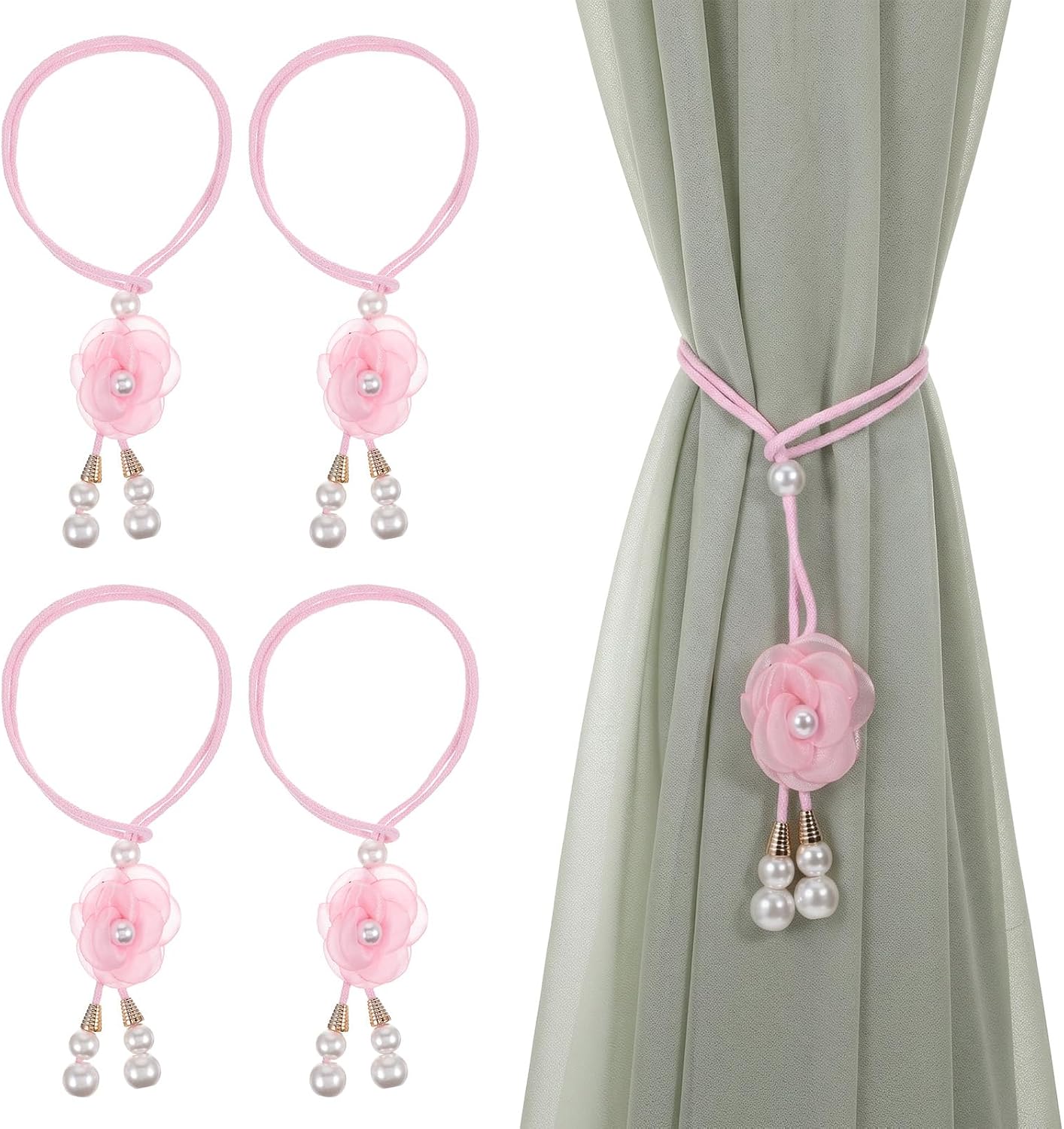 Pink Curtain Tiebacks Pearl Tie Backs for Curtains 4 Pack