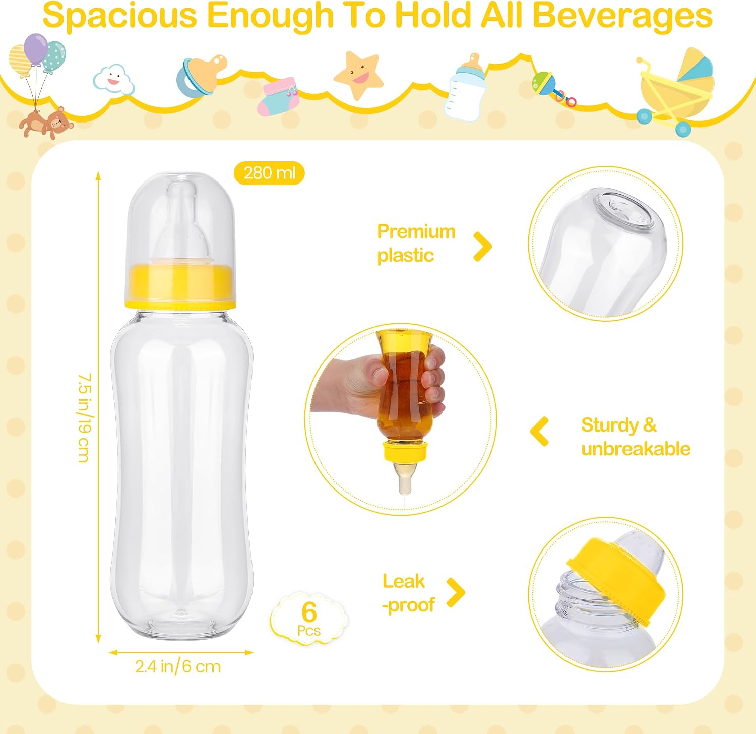 Aneco 6 Set Bottle Chug Baby Shower Games, Plastic Juegos Para Baby Shower Bottle, Gender Reveal Race Decoration with Bottles Bibs Sign Diapers Caps Blindfolds for Adult Party Supplies, Light Yellow