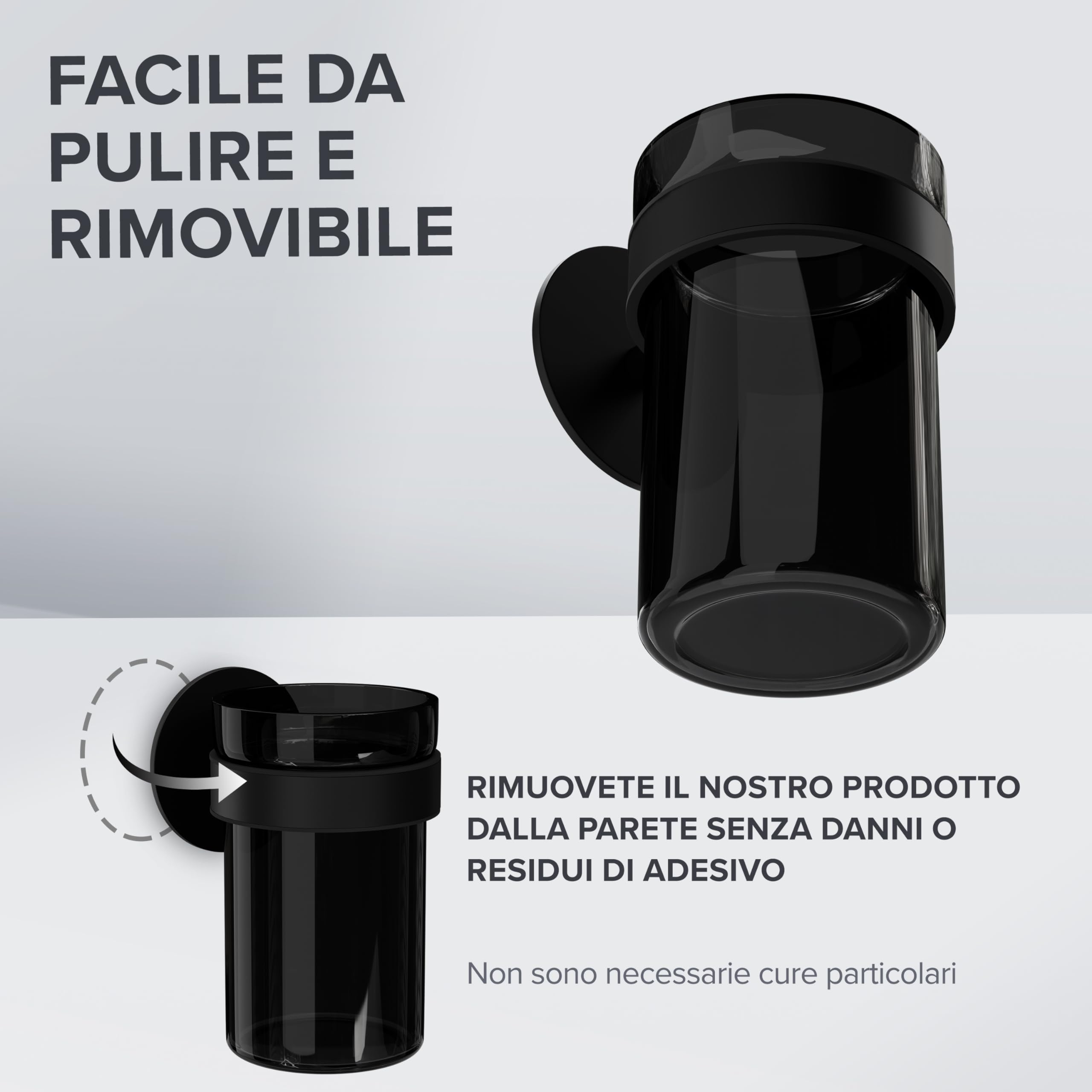 ovimar Engeloya Bicchiere per spazzolini da denti | nero | senza foratura | in vetro e acciaio inox per il bagno | con bicchiere estraibile e porta spazzolino da denti | da attaccare alla parete