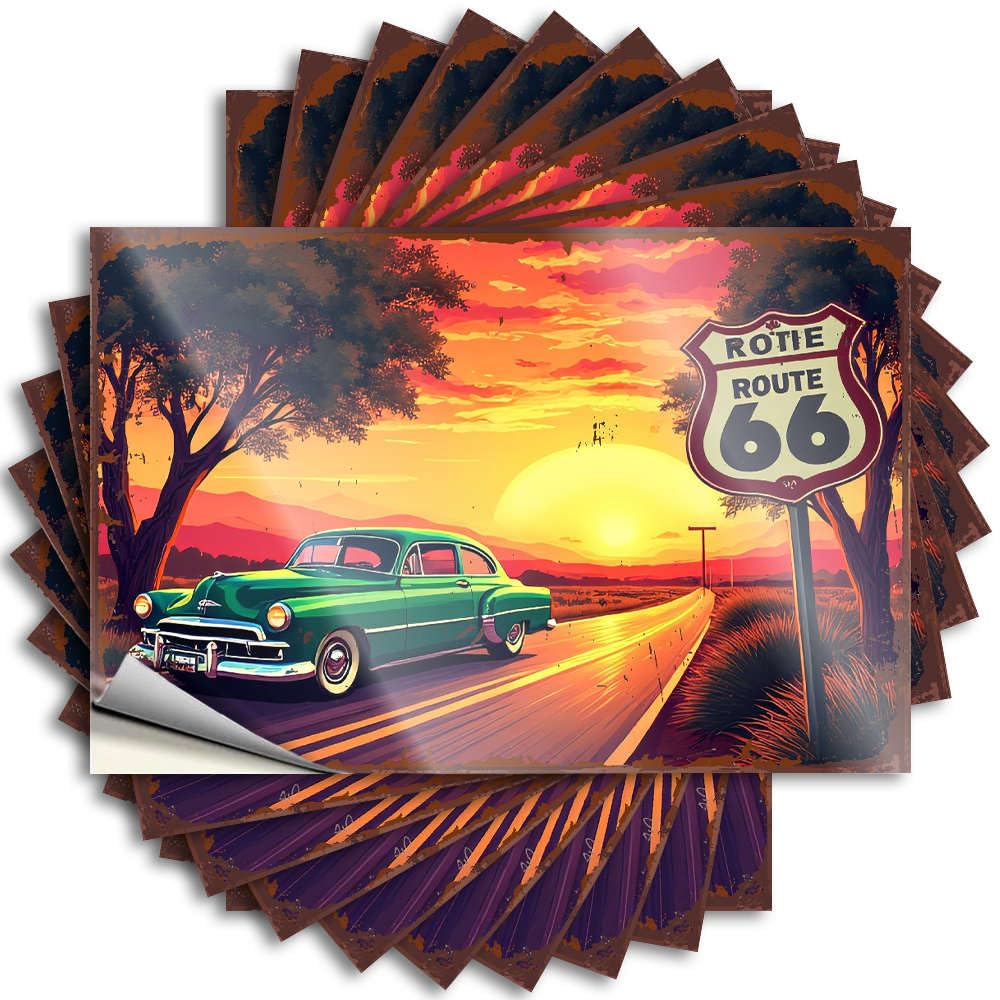 Decals Tiki Bar Accessories Student Fun Helmet Vintage Car Driving On Route 66 At Sunset. - Scratch Resistant Stickers(8X12CM)