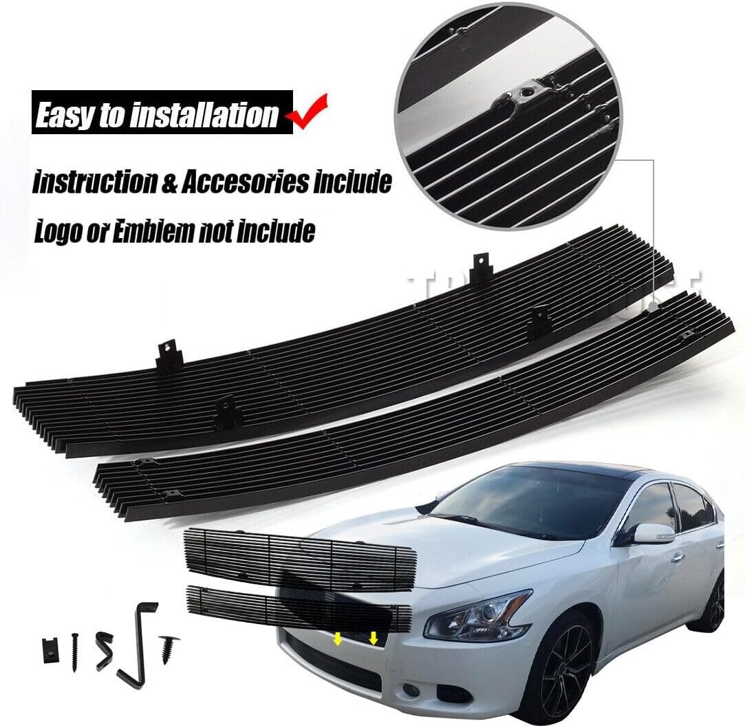 Front Grille Compatible with Nissan Maxima 2009-2014 Black Billet Main Upper Lower Bumper Grille Insert Combo 2010 2011 2012 2013 Replacement