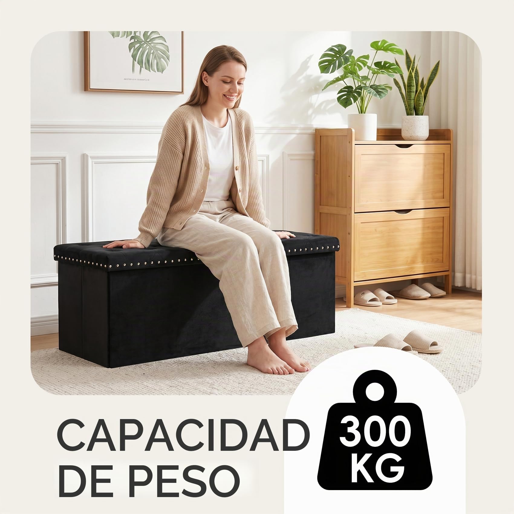 PINPLUS Baúl Banco de Almacenamiento Plegable, Puff de Terciopelo con Tapa, Reposapiés para Salón, Dormitorio y Pasillo, 110x40x40 cm, Negro