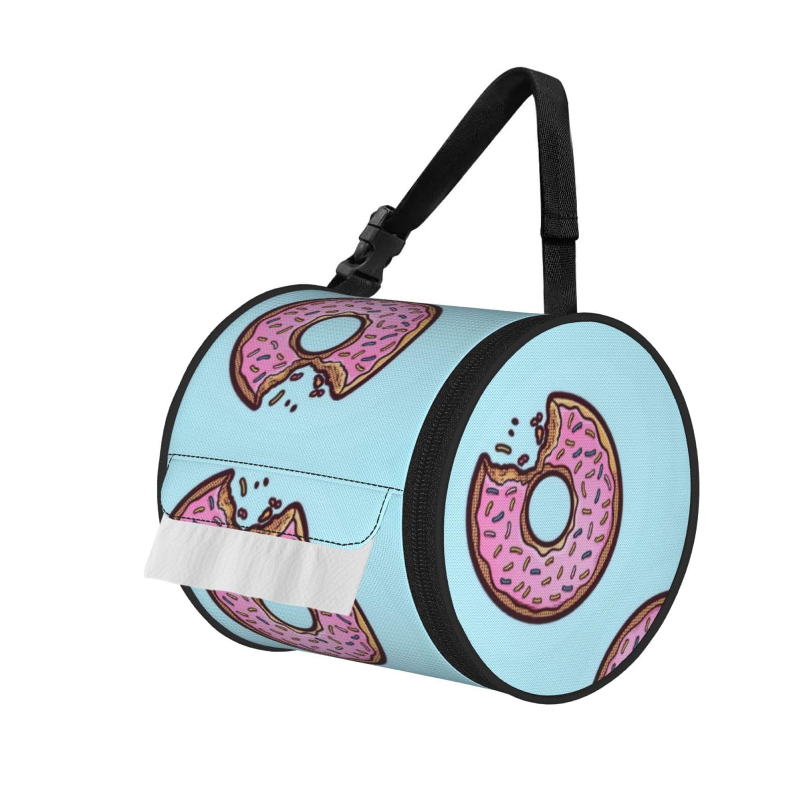 Donut Print Cylinder Tissue Organizer Bag With Strap, Portable Toilet Roll Holder For Camping Car