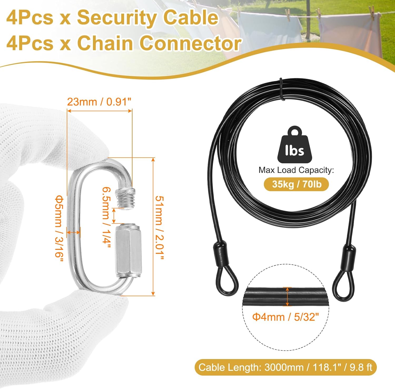 PATIKIL Security Cable Lock (5/32" Dia 9.8ft, Black)(4 Set) Vinyl Coated 304 Stainless Steel Double Loop Flexible Wire Rope Safety Cable with Quick Links Locking Connectors