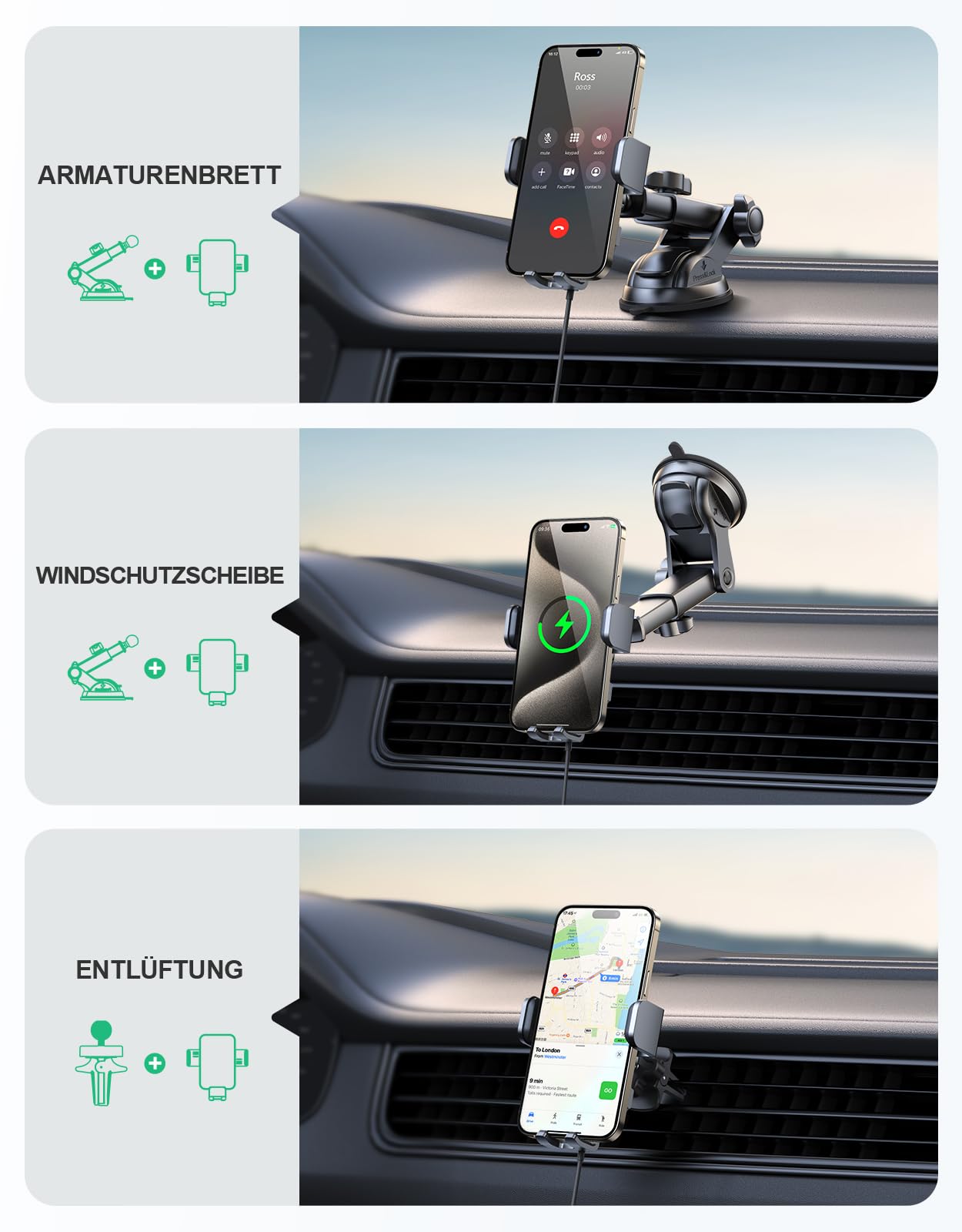Glangeh 15W Schnelles Laden Handyhalterung Auto mit Ladefunktion, Automatischer Klemmung Induktive Ladestation Auto für Lüftung+ Saugnapf, Kompatibel mit iPhone 17/16/15, Galaxy S24/S23 Ultra