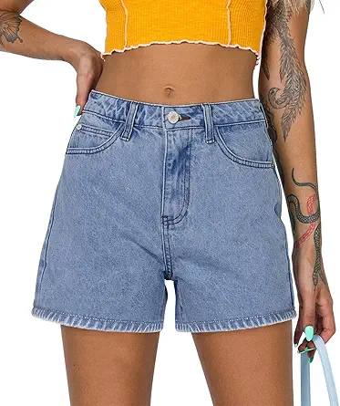 Womens Mid-High Waisted Jean Shorts Ripped Cutoff Denim Shorts Stretchy Summer Short Pants