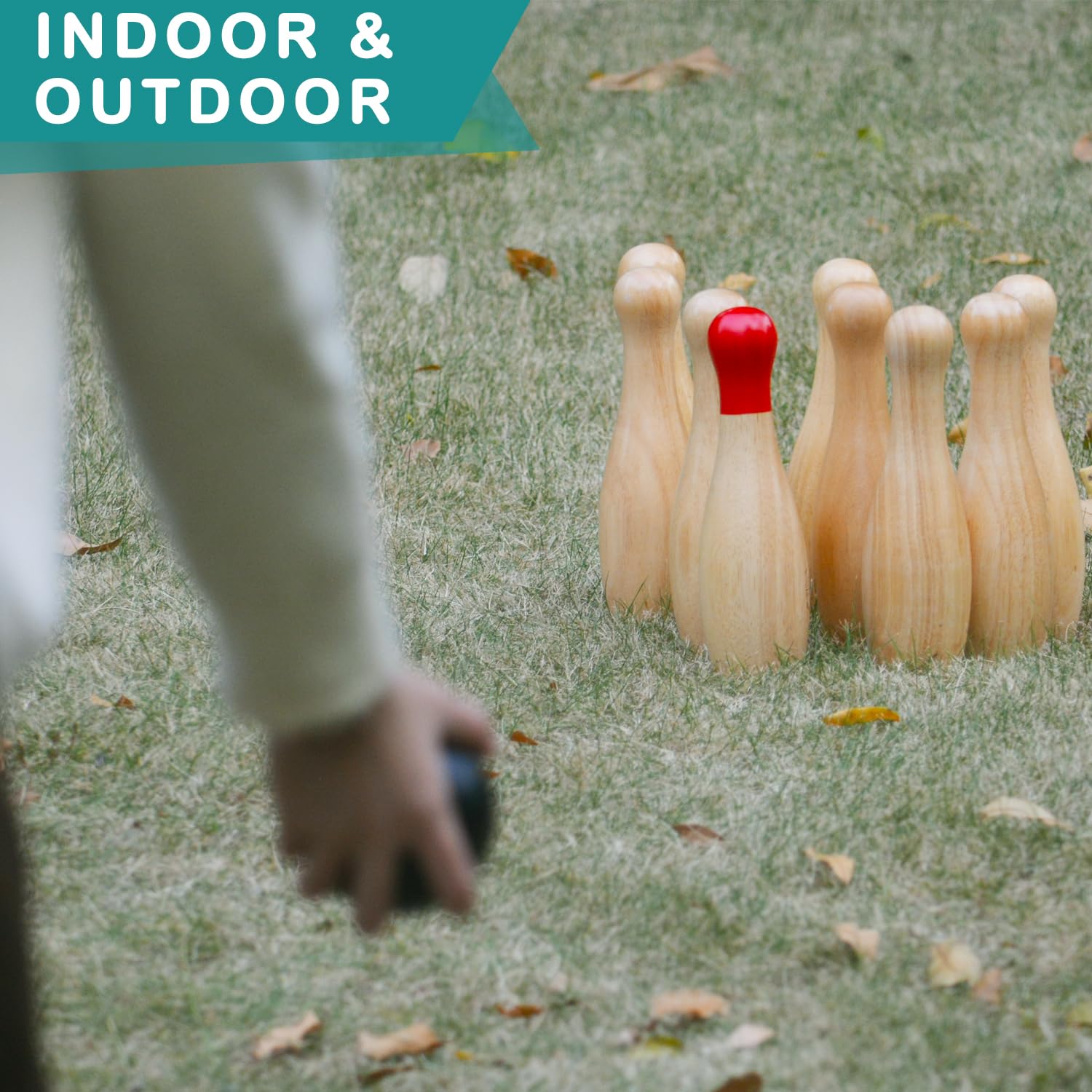 Gioco da bowling in legno, bottiglie da lancio all'aperto, gioco da prato per la famiglia, set da gioco con borsa per il trasporto (H 26 cm, 10 perni+3 palline)