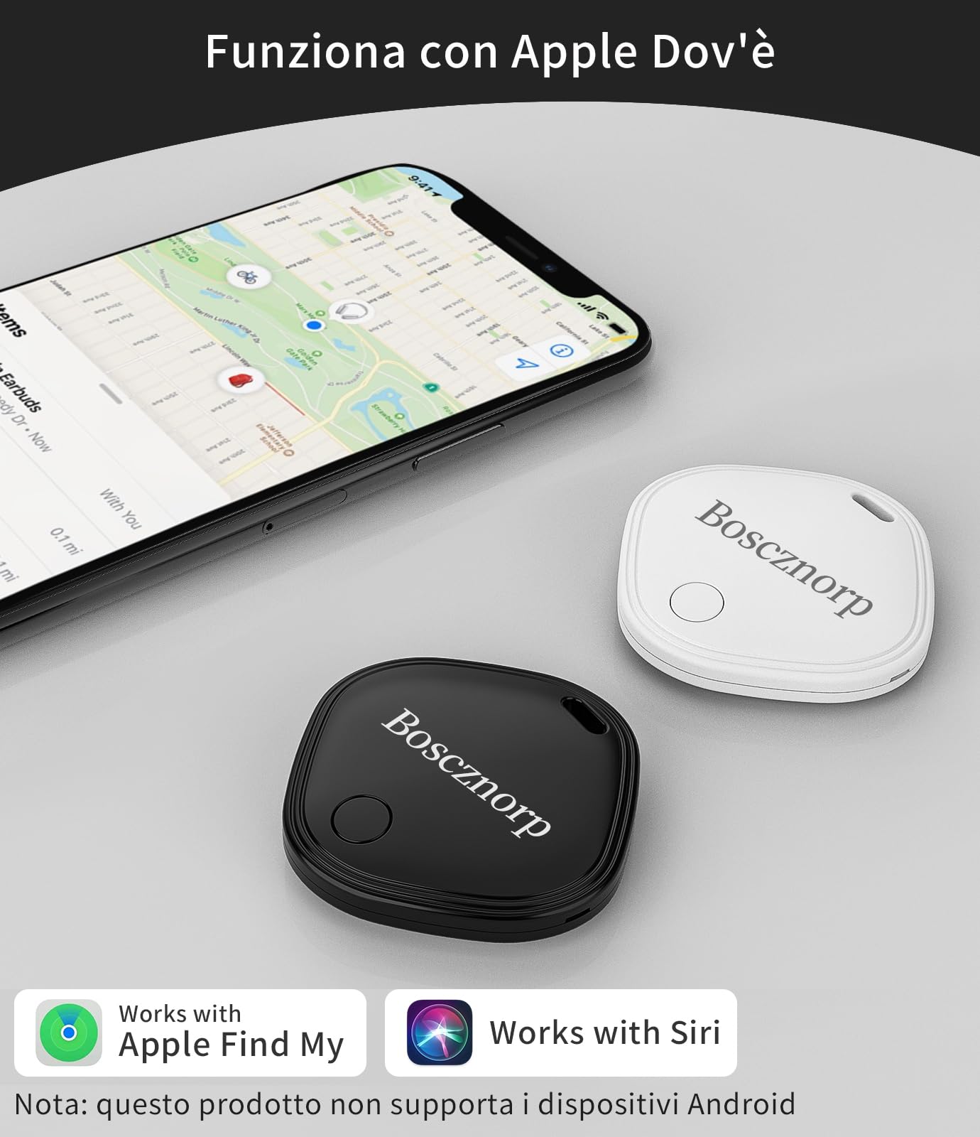 Boscznorp Air Tracker Tag 4 pezzi Compatibile con Apple Dov'è (solo iOS) Batteria ultrasottile e sostituibile Air Tracking per chiavi, bagagli, valigie,Viene fornito con portachiavi