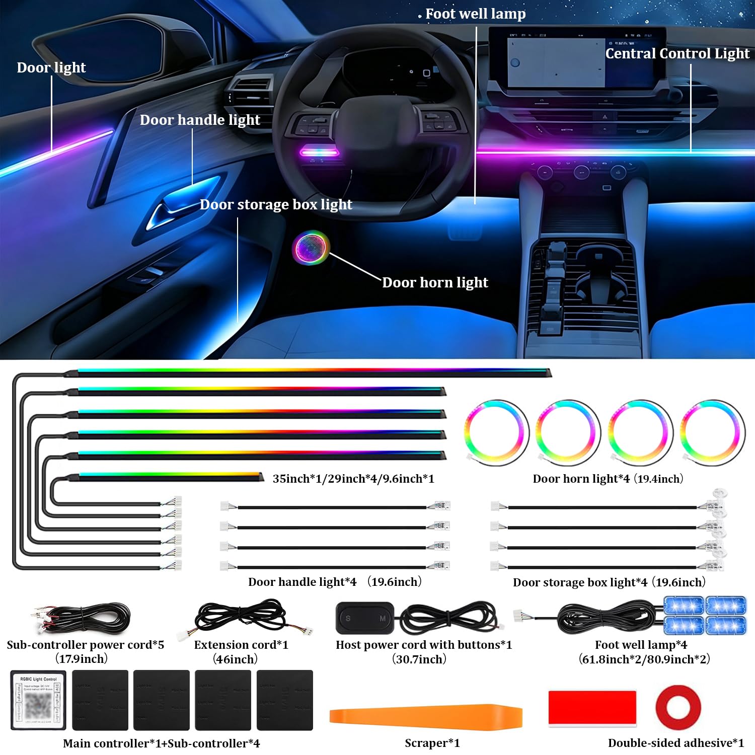Bande Lumineuse LED pour Intérieur de Voiture avec Contrôle Via Application,Kits d'éclairage d'ambiance RVB 22 en 1 pour Voitures,Voiture Intérieur Eclairage avec Synchronisation Musicale