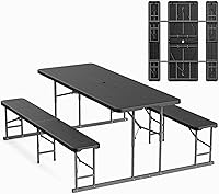 VINGLI Folding Picnic Table & Bench Set - Portable Wood Grain Plastic Top, Metal Frame for Camping, Patio, Backyard (Black)