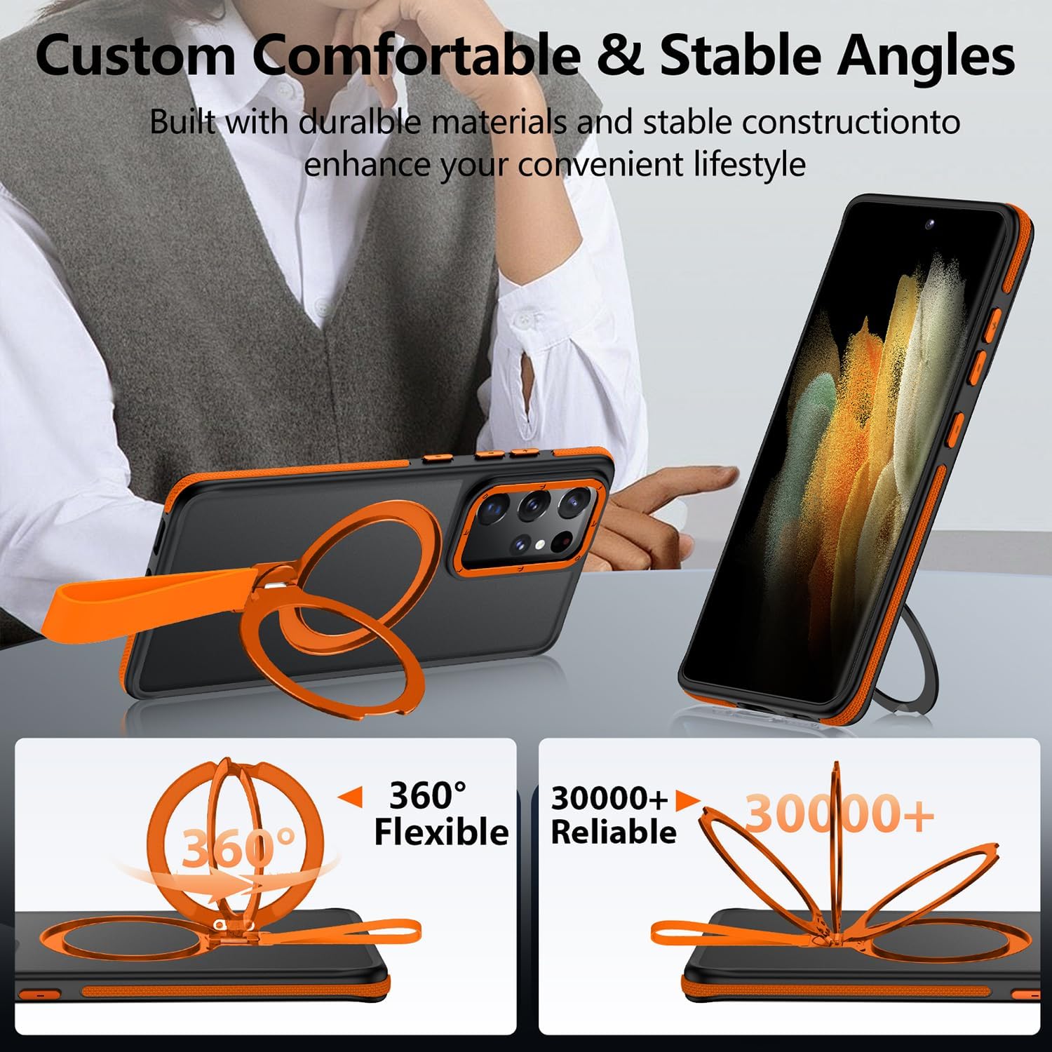 360°Spin Magnetic Stand with Silicone Strap for Samsung Galaxy S21 Ultra Case[Fit for MagSafe], Mil-Grade Shockproof Translucent S21 Ultra Phone Case with Kickstand Rotatable (Orange) 21
