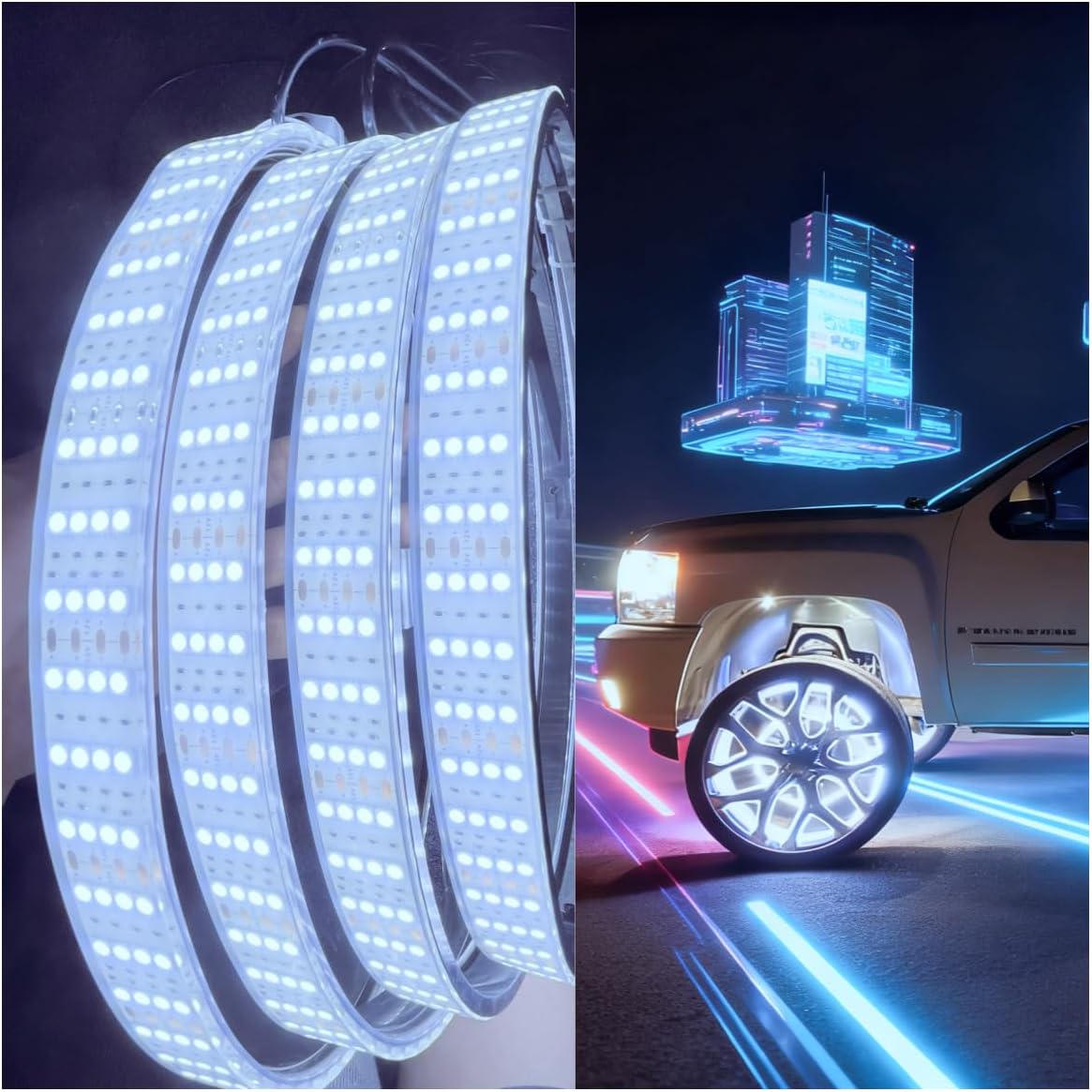 Super Bright Wheel Lights 4 row 6000K White Strobe LED Rim Light 17.5 inch wheel Covers Set of 4 for Truck Lights