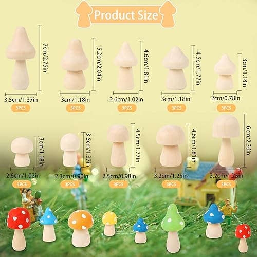 Miniatura 2 de 30 hongos de madera sin terminar, 10 tamaños, hongos de madera natural para manualidades, figuras de hongos de madera para proyectos de arte de