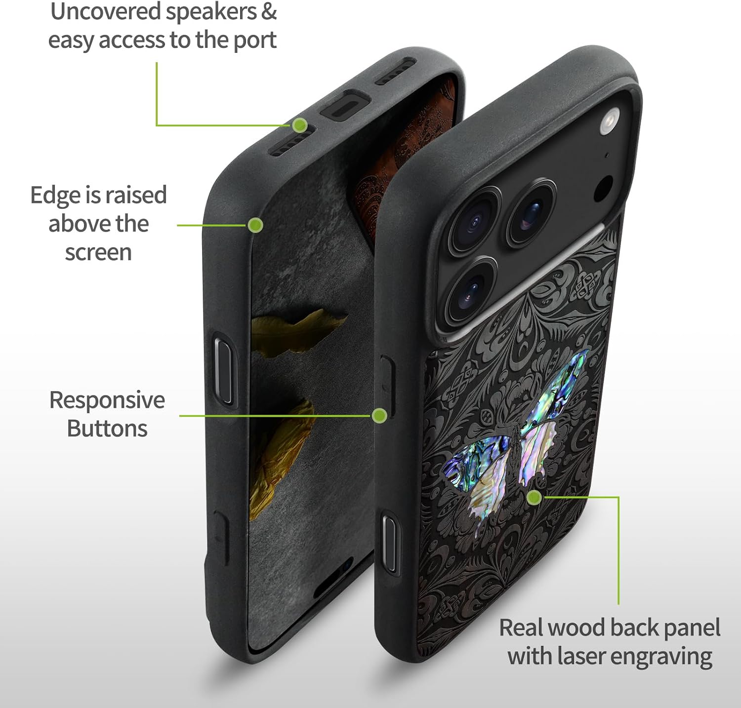 Carveit Magnetic Case for iPhone 17 Pro Case, Wood Artisan Engraved & Handmade Shell Inlaid, TPU Shockproof Cover, Compatible with MagSafe Wireless Chargers (Baroque Butterfly-Blackwood)