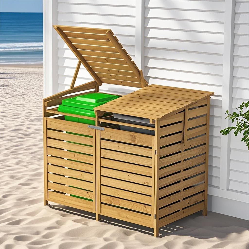 Warmiehomy 2 Wheelie Bin Storage 2 x 240L Wooden Bin Storage for Wheelie Bins, Wooden Recycling Bins Store Outdoor, 1 CM Thick Wood Board, 149 x 86 x 122.5 CM, Yellow