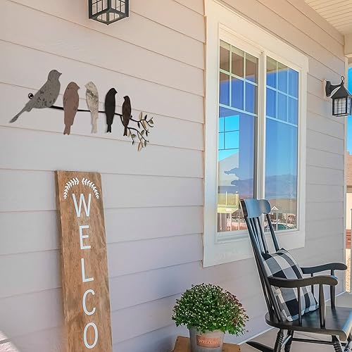 Vista 10 de Ferraycle Arte de pared de pájaro de metal, pájaros en rama con hojas, letrero de metal para colgar en la pared para balcón, jardín, decoración