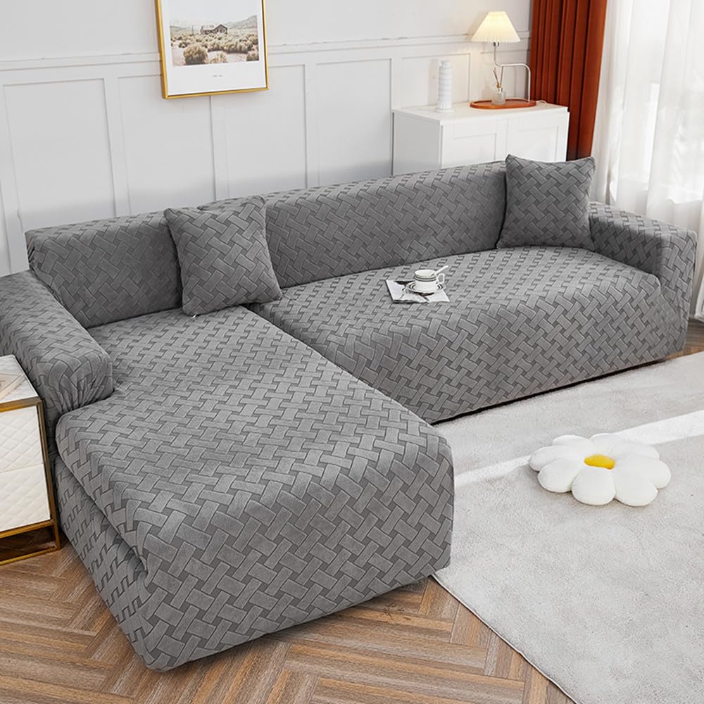 Housse canape d'angle extensible velours jacquard gris fonce