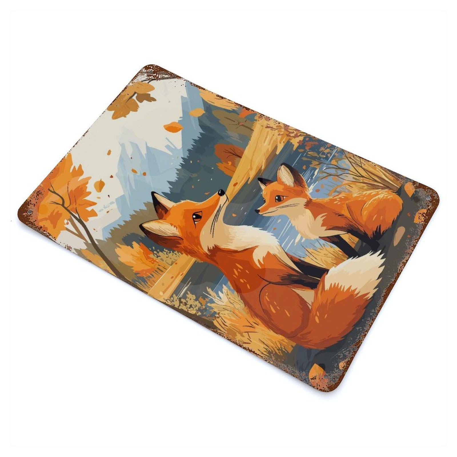 Fox Family in Autumn 11.8"x7.9" Rust Effect Tin Sign, Industrial Home Decor for Living Room, Hallway And Home Decor