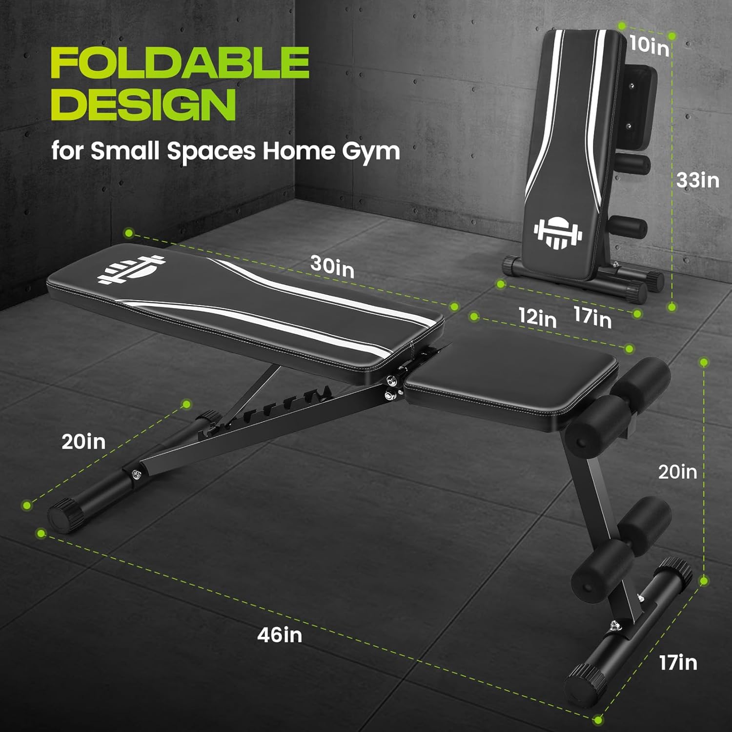 Dimensions of the ANCHEER Foldable Weight Bench in unfolded and folded states, showing measurements for length, width, and height.